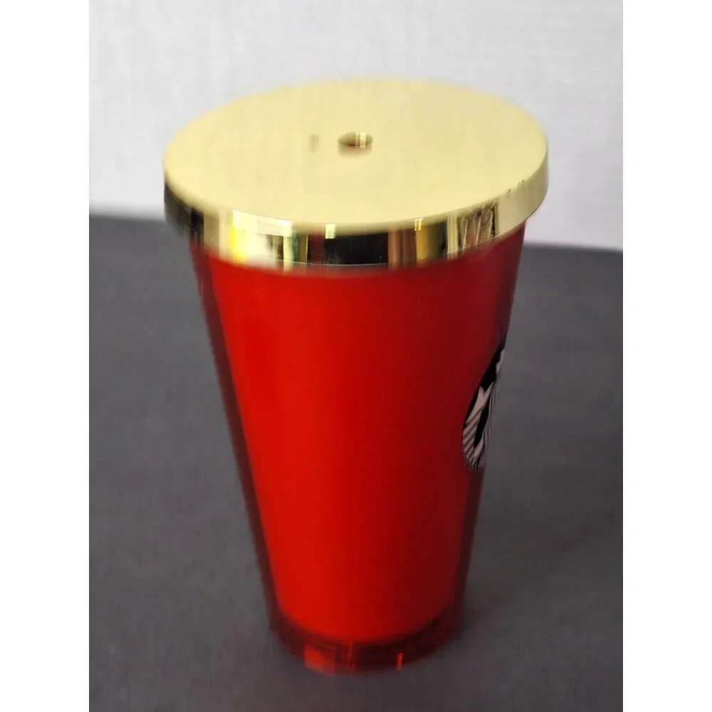 Starbucks Red Plastic Travel Tumbler Mug Gold Screw On Cover 16 oz - Picture 5 of 6